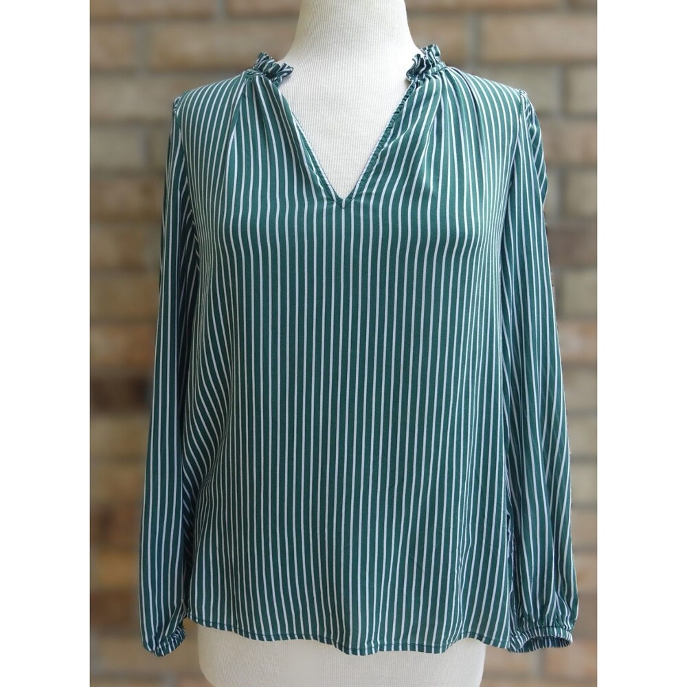 Gap Green White Striped Ruffle Neck Blouse - Size S
